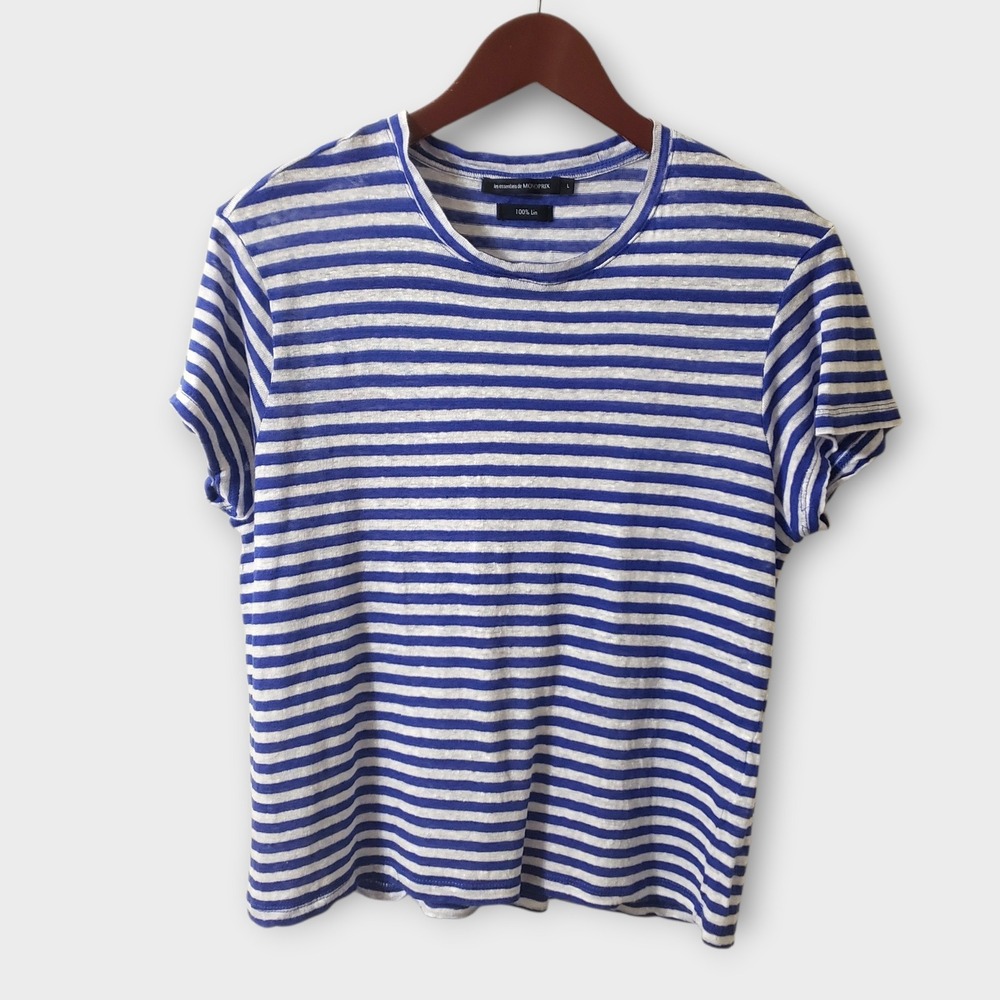 Monoprix Womens 100% Linen Short Sleeve T-Shirt Blue White Striped Tee Size L